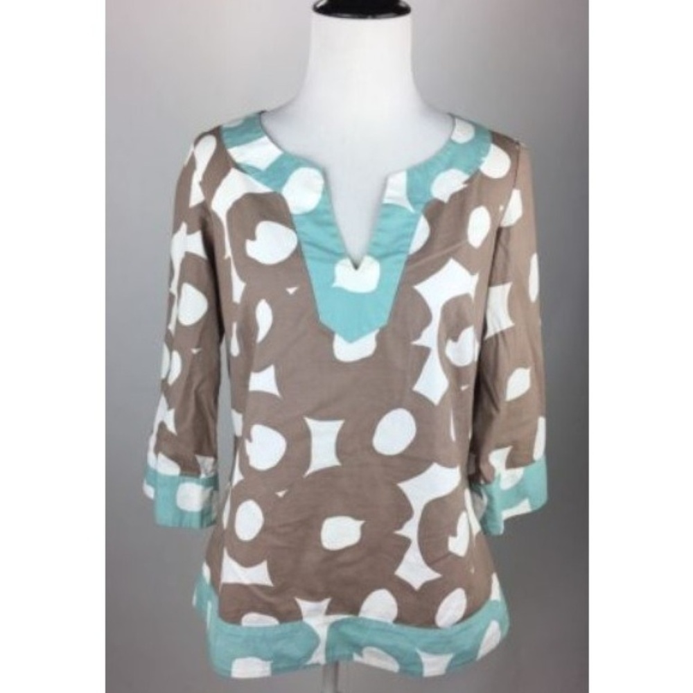 Boden Painted Hoops Brown Teal Circle VNeck Blouse